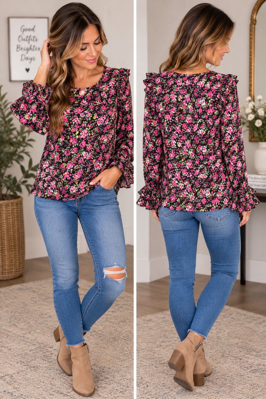 Counterparts Floral Ruffle Sleeve Blouse Black Pink Green Boho Top L